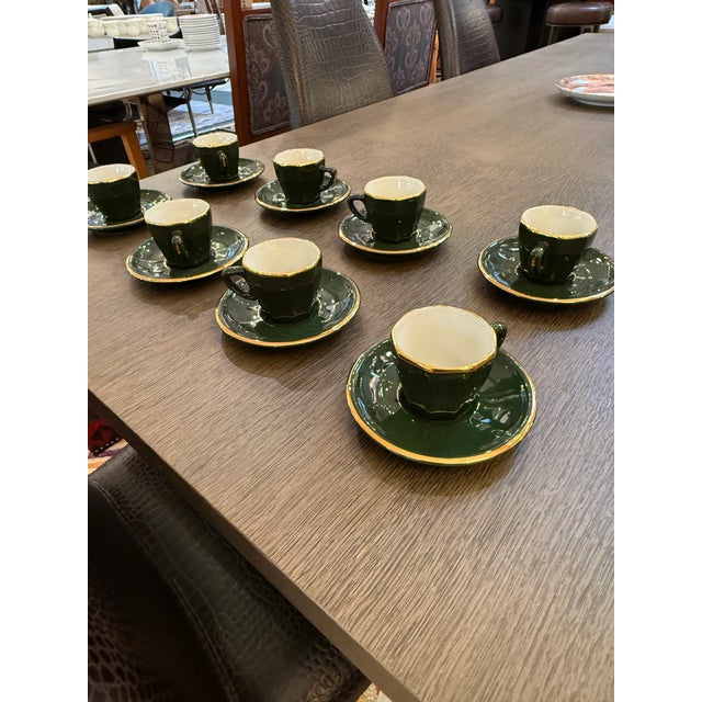 Traditional Late 20th Century Apilco Green + Gold Bistroware Demitasse Cups + Saucers, Set of Ten For Sale - Image 3 of 12