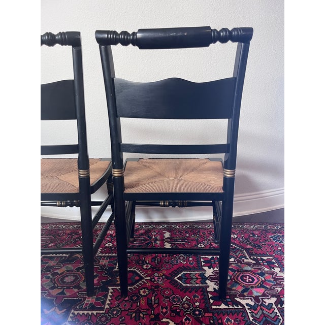 Set of 2 - Vintage Hitchcock Style Stenciled, Black and Gold Painted Chairs, Rush Seats For Sale - Image 11 of 12