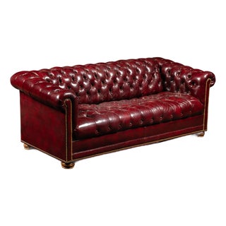 Mid 20th Century Tufted Leather Chesterfield Sofa in Burgundy For Sale