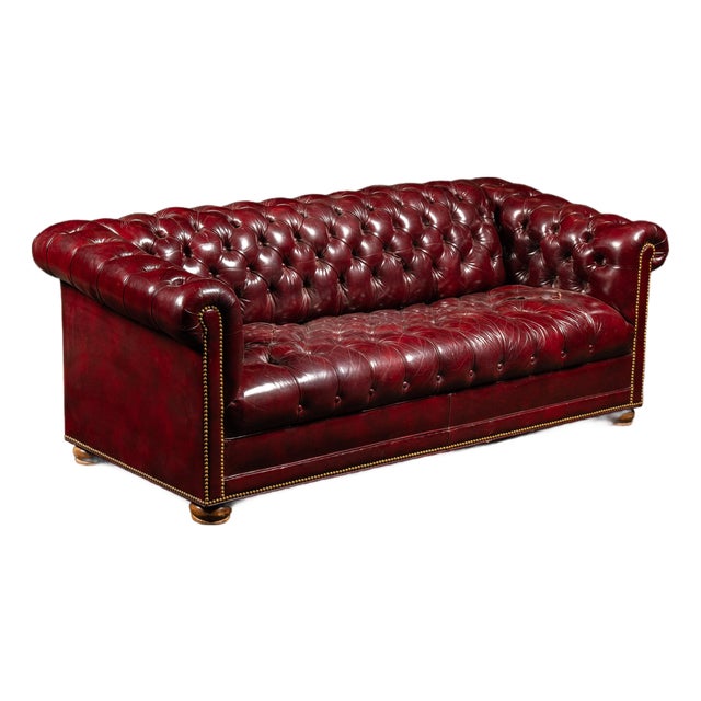 Mid 20th Century Tufted Leather Chesterfield Sofa in Burgundy For Sale