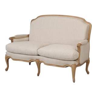 Settee With White Oak Frame Covered in Linen For Sale