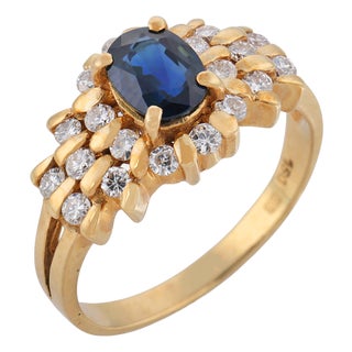 Vintage Sapphire Diamond 18k Yellow Gold Ring, Size 6 For Sale