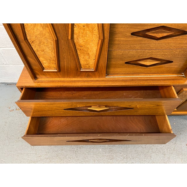 Mid-Century Two Piece Walnut and Burl Diamond Front High-Boy Dresser For Sale - Image 14 of 18