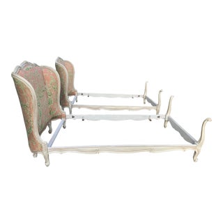 Pair French Antique Kravet Chinoiserie Upholstered Corbeille Twin Beds For Sale