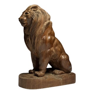 Asian Carved Wood Lion Statue For Sale