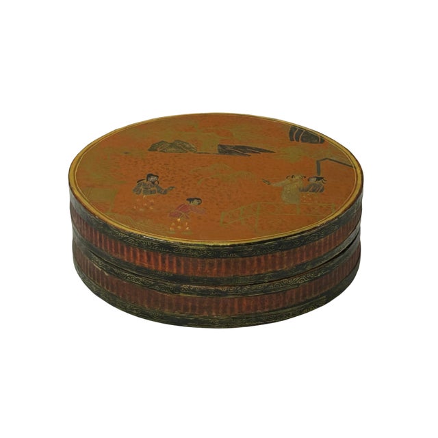 Asian Antique Vintage Handmade Round Brown Golden Scenery Artistic Wood Box For Sale - Image 3 of 9
