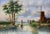 A luminous and tranquil riverside landscape depicting a working windmill, sailing vessels, and figures along a tree-lined...