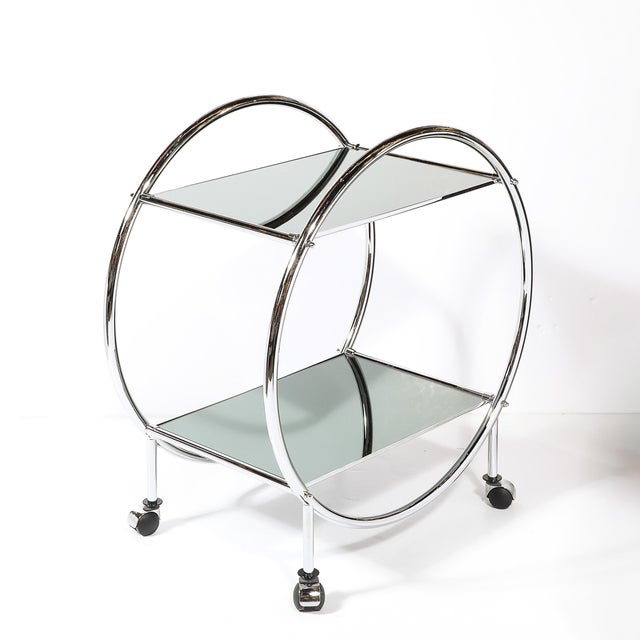 Art Deco Style Round Form Tubular Two-Tier Bar Cart in Chrome and Smoked Mirror For Sale - Image 9 of 13