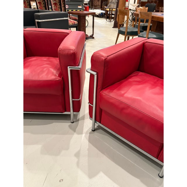 Chrome and Red Leather Club Chairs in the Style of Le Corbusier - A Pair For Sale In New York - Image 6 of 14