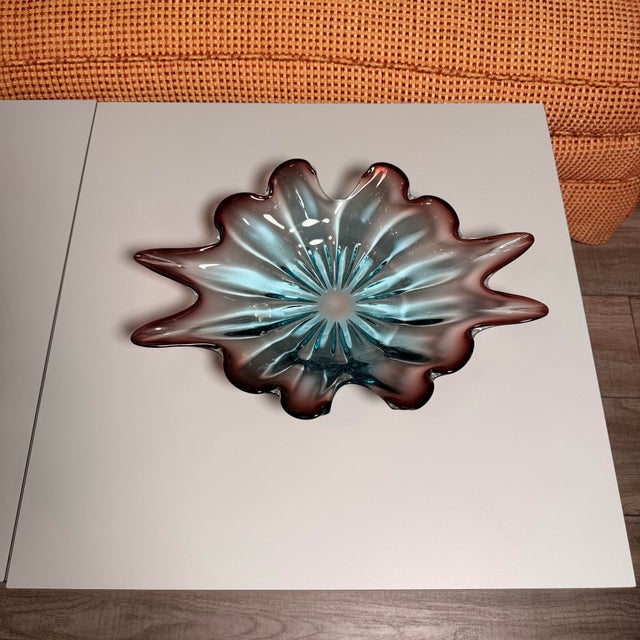 Murano Stunning Vintage Murano Italian Art Glass Freeform Bowl – Blue & Amethyst – 16” MCM For Sale - Image 4 of 8