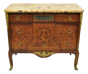 Antique French Louis XV Marquetry Inlay Marble Top Bronze Ormolu Commode Dresser