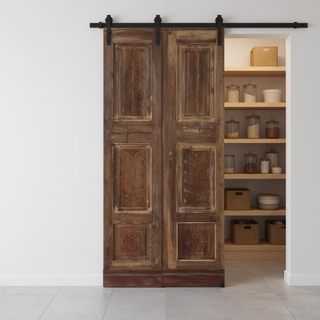 1920s Hand-Carved Sliding Double Door – Vintage Reclaimed Wood Pantry & Closet Doors 80x34 For Sale - Image 4 of 4