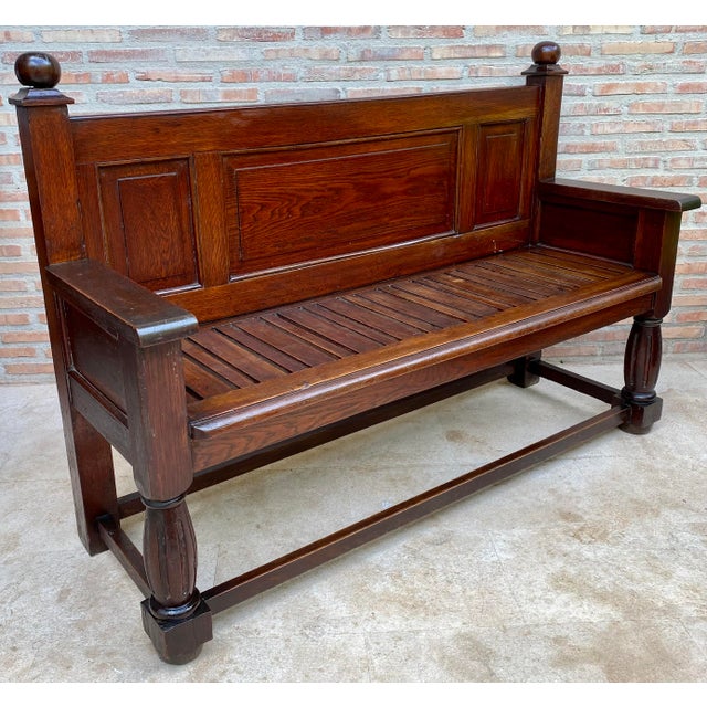 Brown Antique Spanish Oak Bench With Paneled Back and Turned Legs For Sale - Image 8 of 14