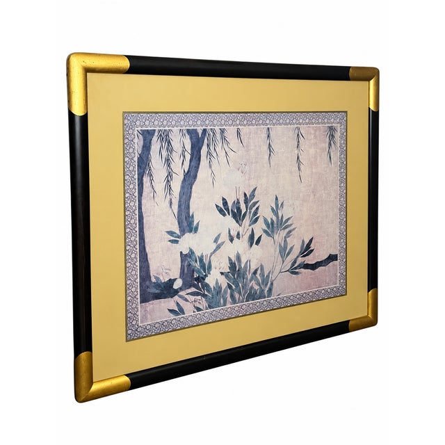 An elegant Chinoiserie floral composition featuring creamy, peony-like blossoms, blue-green foliage, and cascading willow...