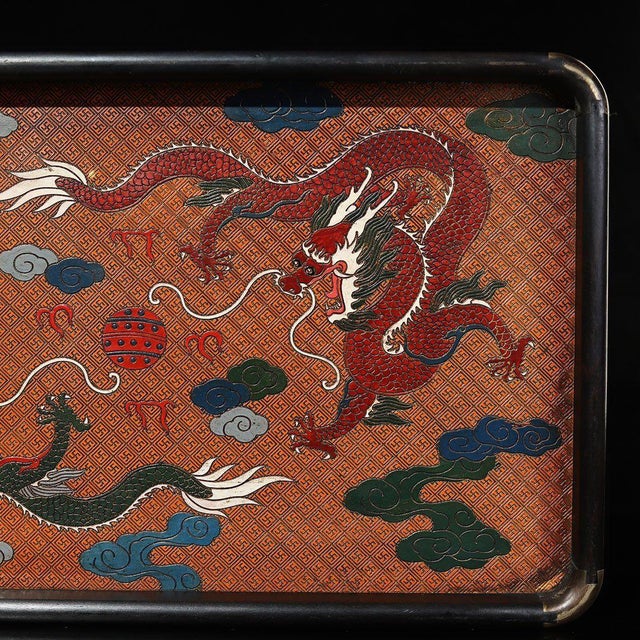 Late 20th Century Vintage Ebony Wood Rectangular Tray With Cloisonné Double Dragon Panel For Sale - Image 5 of 9