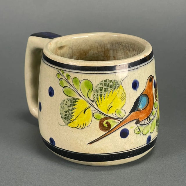 Vintage 70s Mexican Hand Painted Pottery Coffee Tea Mug With Birds Signed Cat Tonala For Sale - Image 4 of 12