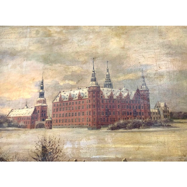 Early 19th Century Antique Oil Painting of Frederiksborg Castle in the Winter For Sale - Image 5 of 8