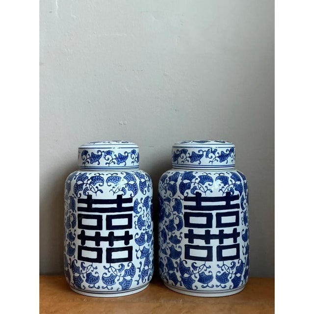 Ceramic Vintage Asian Double Happiness Lidded Urns - A Pair For Sale - Image 7 of 13