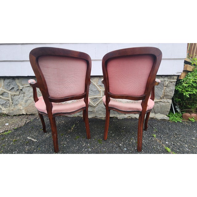 Pair of Vintage Louis XV Style French Provincial Open Armchairs With Pink Romantic Tapestry Upholstery For Sale - Image 4 of 17