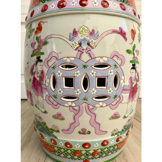 Mid-20th C. Chinese Famille Verte Hand-Painted Ceramic Garden Stool/Side Table For Sale - Image 11 of 13