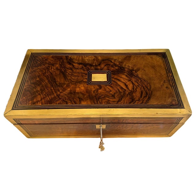 Victorian 19th Century Victorian Burr Walnut & Brass Campaign Writing Slope W/Fully Intact Secret Drawers For Sale - Image 3 of 15