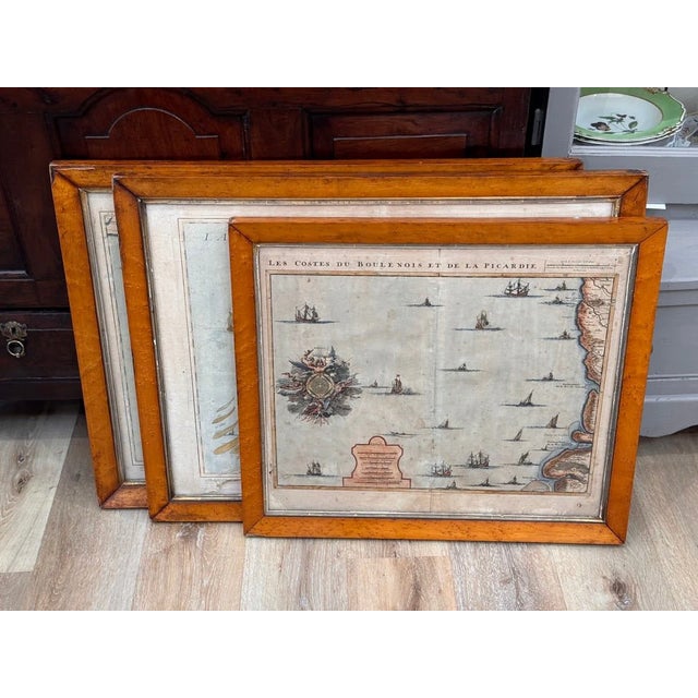 Three framed copperplate engravings of maps, c. 1708. (1) “Les Costes du Boulenois et de la Picardie” Jacob Harrewijn...