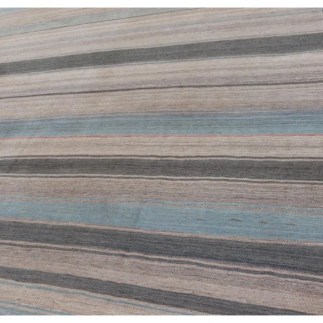 Textile Modern Kilim Rug With Large Stripes in Shades of Blue Taupe Gray For Sale - Image 7 of 13