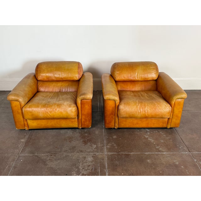Vintage 1970's Italian Cognac Leather Lounge Chairs For Sale - Image 12 of 16