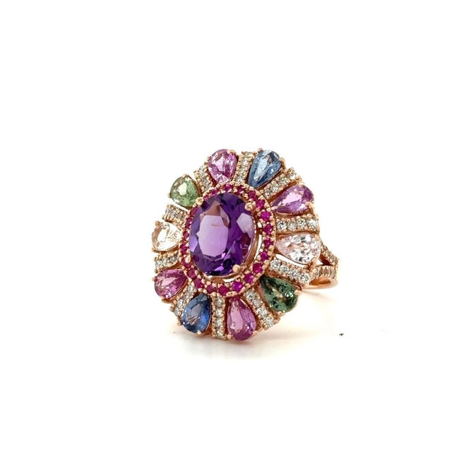 2020s 7.87 Carat Natural Amethyst Sapphire and Diamond Rose Gold Cocktail Ring, Size 7 For Sale - Image 5 of 8