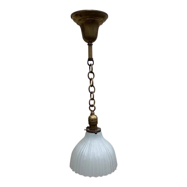 Vintage 1920s Brass Hanging Fixture With Vintage Clam Broth Shade For Sale