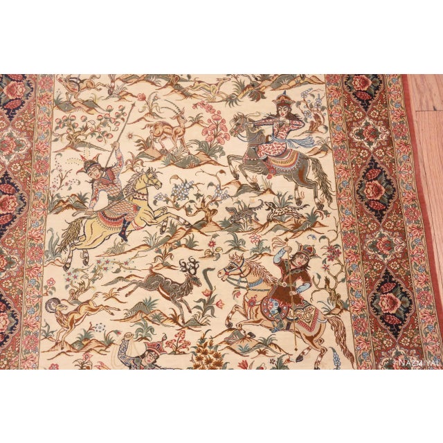 1950s Nazmiyal Collection 1950s Pictorial Hunting Scene Vintage Persian Silk Qum Rug For Sale - Image 5 of 8