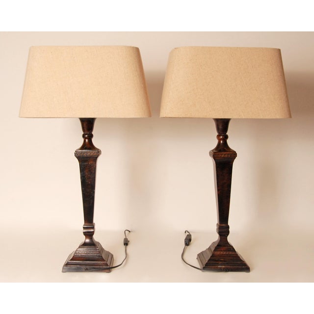 French Vintage French Traditional Neoclassical Tablelamps Cast Iron Bronze With Beige Linen Shade - A Pair For Sale - Image 3 of 9