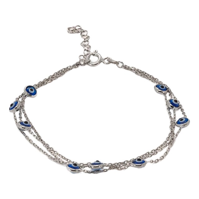 Triple Chain Evil Eye Sterling Silver Bracelet For Sale