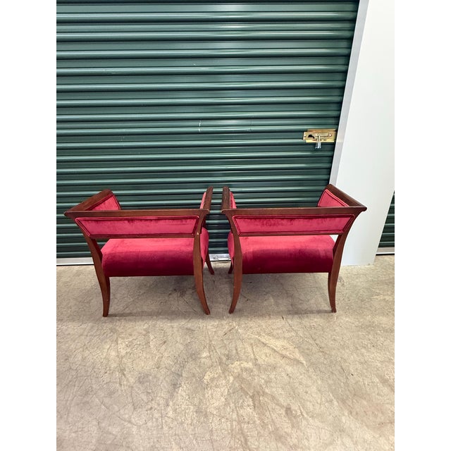 Pair of Vintage Petite Wood-Framed Tub Chairs in Raspberry Velvet For Sale - Image 4 of 6