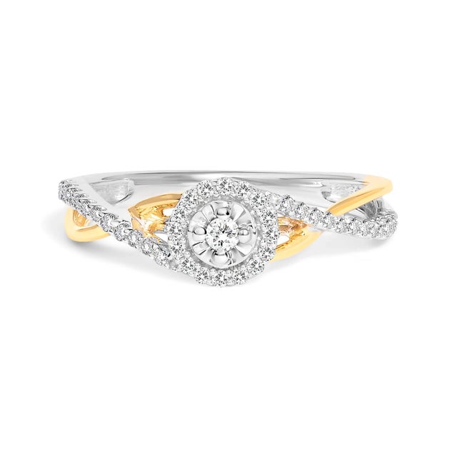 14K Yellow Gold Plated .925 Sterling Silver 1/4 Cttw Diamond Bypass and Halo Promise Ring (I-J Color ES13 For Sale