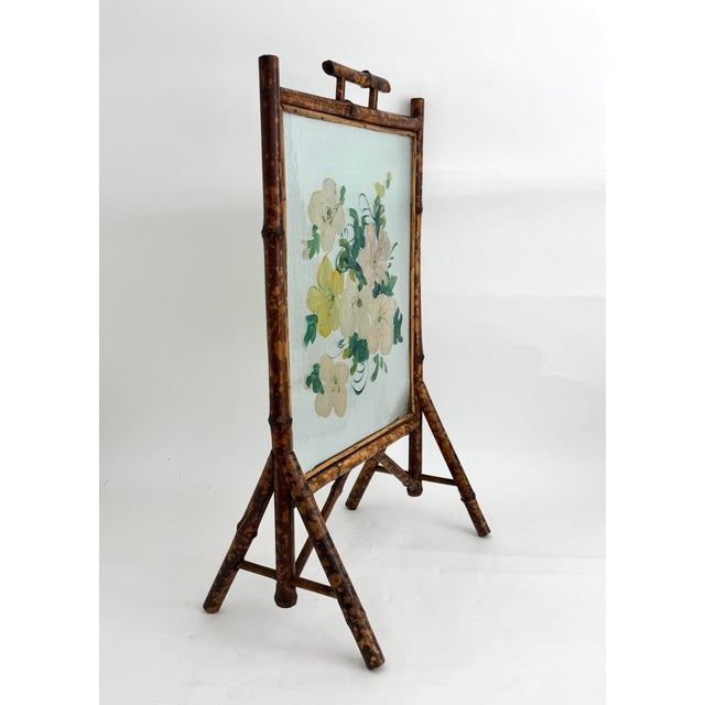 Antique Victorian Bamboo and Hand-Painted Glass Fire Screen, C,1890s For Sale - Image 4 of 9