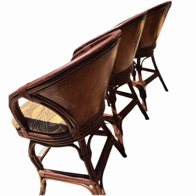 1970s Elevate Your Home Bar With This Set of 3 Premium Hooker Furniture Leather & Rattan Swivel Barstools! For Sale - Image 10 of 10
