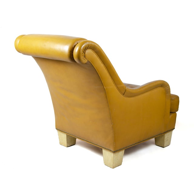 Pair of 1940s Mid-Century Modern Leather Club Chairs With Parchment Paper-Covered Wood Legs, France For Sale - Image 6 of 9