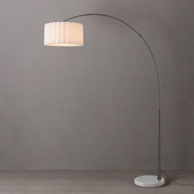 Mid-Century Modern 1960s Scallop 92" Arc Floor Lamp - Modern Black Nickel, White Marble Base, Linen Shade, Dimmable For Sale - Image 3 of 4