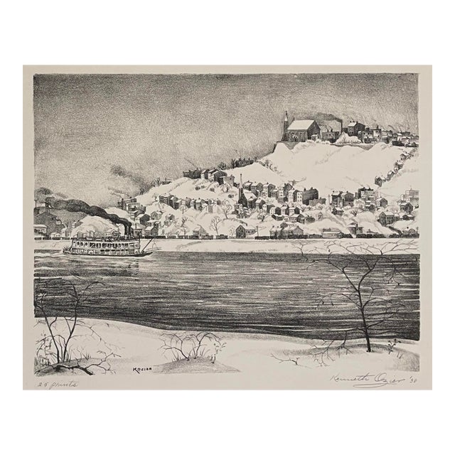 1938 Kenneth Ozier Ohio River Cincinnati Lithograph For Sale