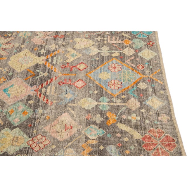 Textile Modern Boho Gray Moroccan Style Handmade Multicolor Pattern Wool Rug For Sale - Image 7 of 10