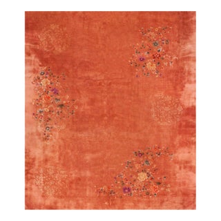 Energetic Orange-Tangerine Background Color With Special Bouquet of Flowers Antique Chinese Art Deco Rug For Sale