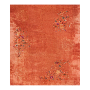 Energetic Orange-Tangerine Background Color With Special Bouquet of Flowers Antique Chinese Art Deco Rug