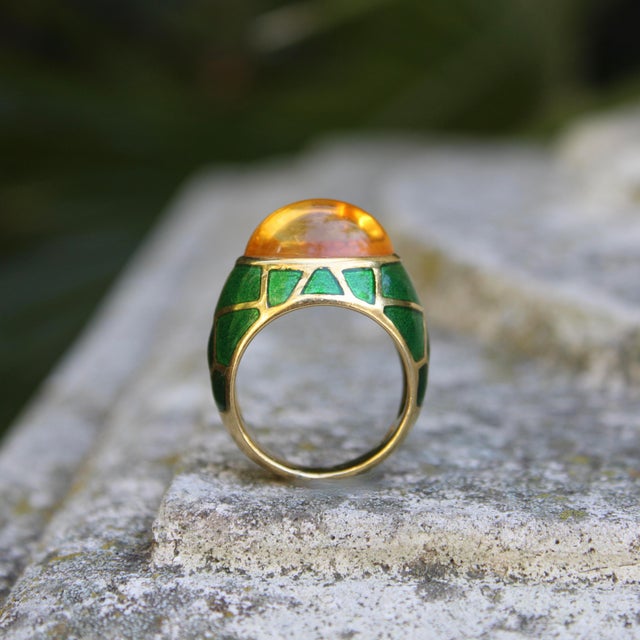 Vintage 18k Gold Citrine Cabochon and Green Enamel Roberto Legnazzi Ring, Size 7.25 For Sale - Image 11 of 13