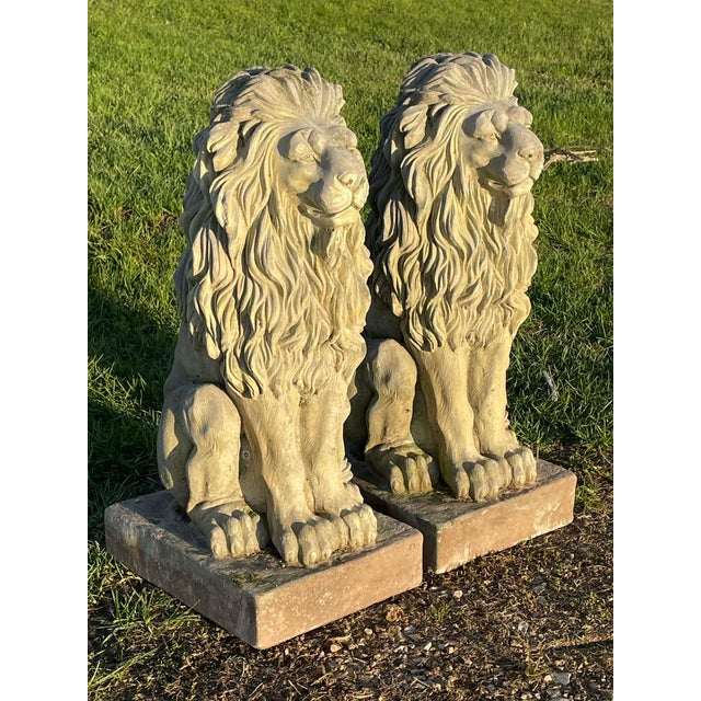 Pair of Majestic Vintage Concrete Lions on Bases For Sale - Image 12 of 15