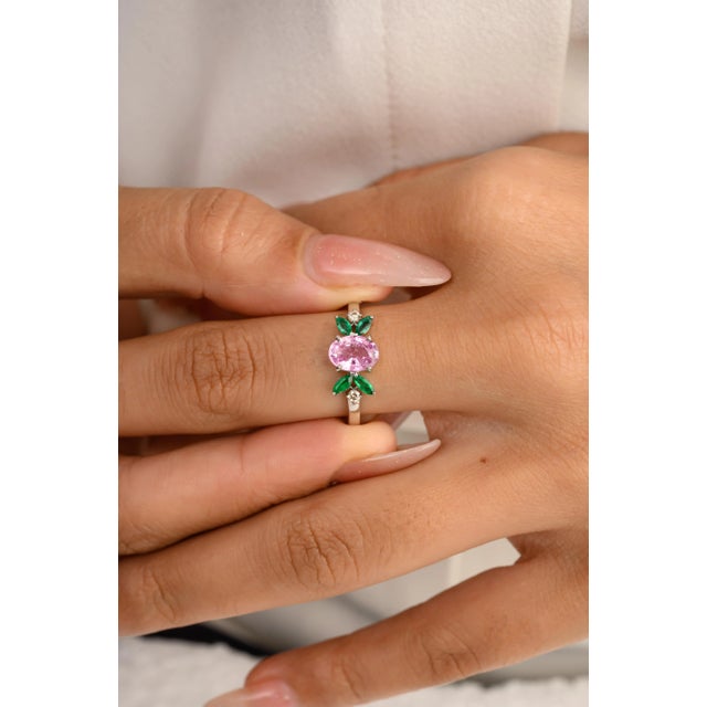 Not Yet Made - Made To Order Genuine Pink Sapphire and Emerald Flower Ring in 14Karat White Gold Size 7 For Sale - Image 5 of 13