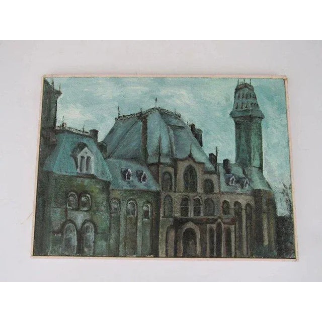 Mid Century painting captures a city building scene and is painted on burlap instead of a traditional canvas, with a pink...
