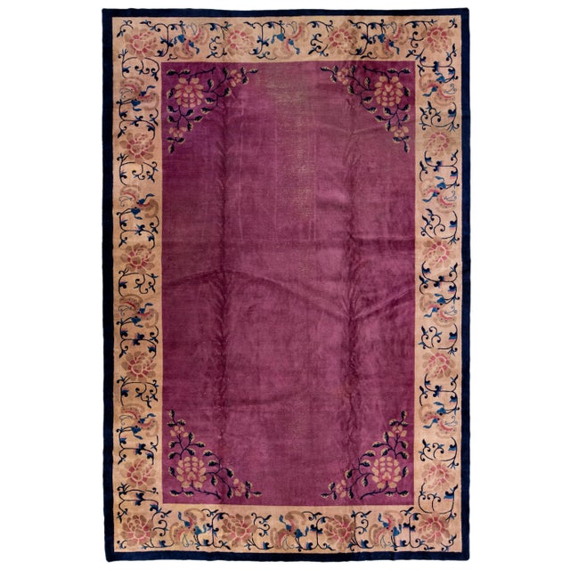 Antique Art Deco Chinese Handmade Floral Purple Wool Rug 11 Ft 11 in X 19 Ft 2 In. For Sale - Image 12 of 12