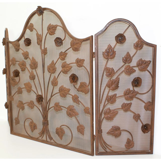 Mid-Century Modern Vintage Reddish Brown Wrought Iron Fireplace Screen With Rose Vine Design For Sale - Image 3 of 5
