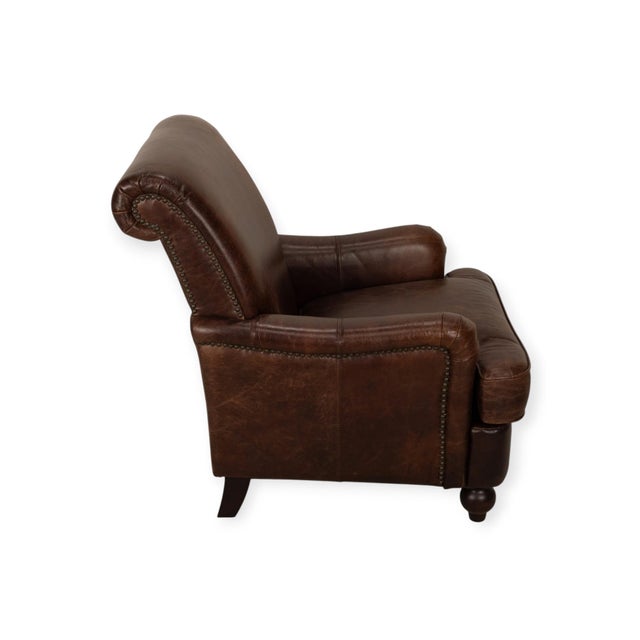 Metal Lazzaro Brown Leather Club Chair With Nailhead Trim and Turned Wood Legs For Sale - Image 7 of 10